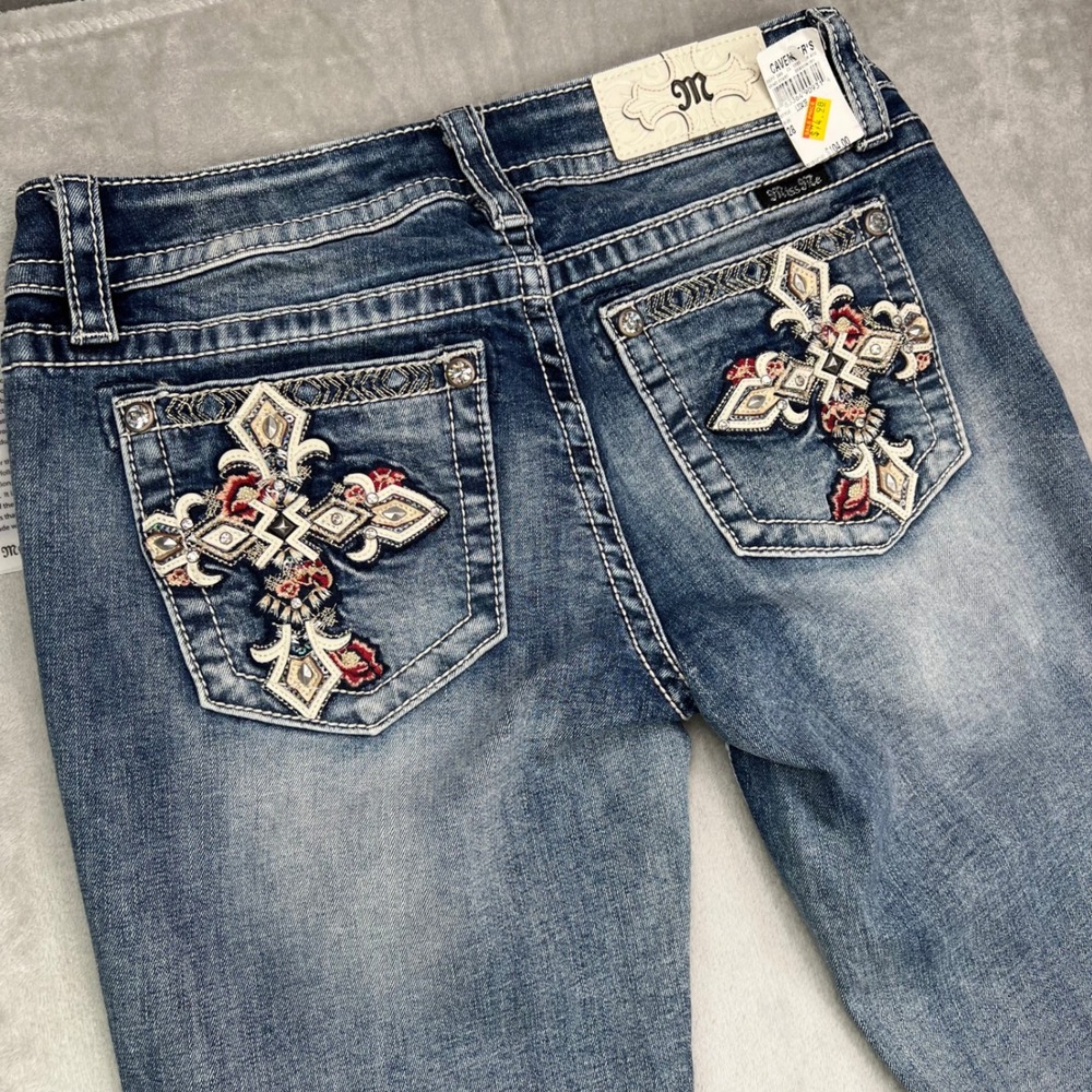 Miss Me Chloe Bootcut Jeans Womens 28 Blue Medium Wash Stretch Cross Embellished